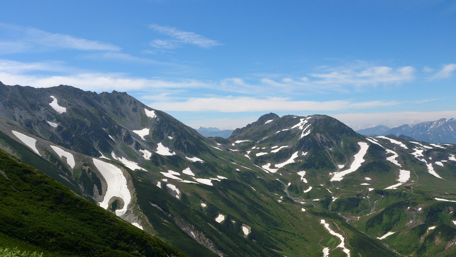 別山乗越から立山三山、一の越の向こうに槍ヶ岳が見えている